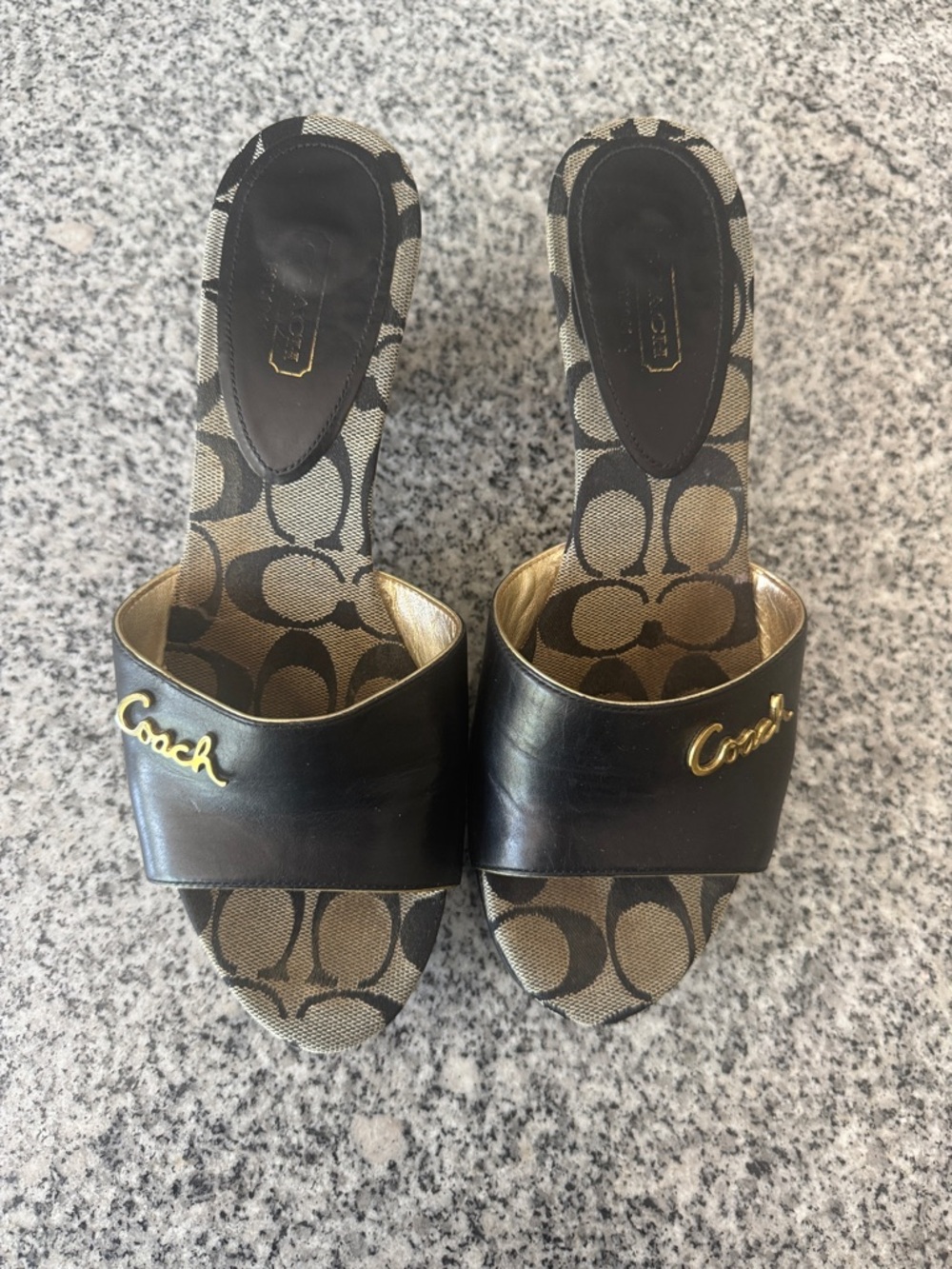 Coach Black Leather & Tan Signature Canvas Open-Toe Heeled Mules - Picture 6 of 7
